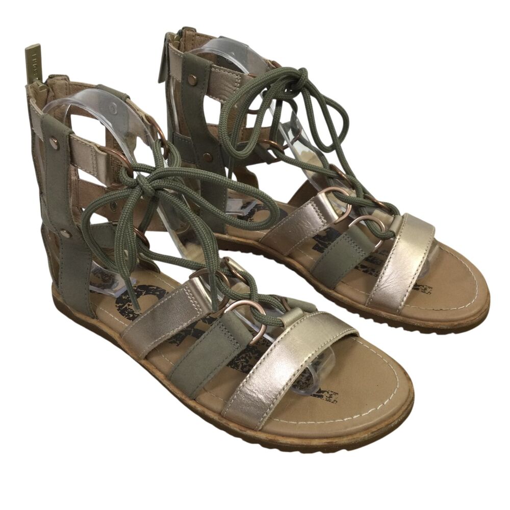 Sorel Womens Ella Strappy Lace-Up Gladiator Sandals Flats Zip Green Size 7
